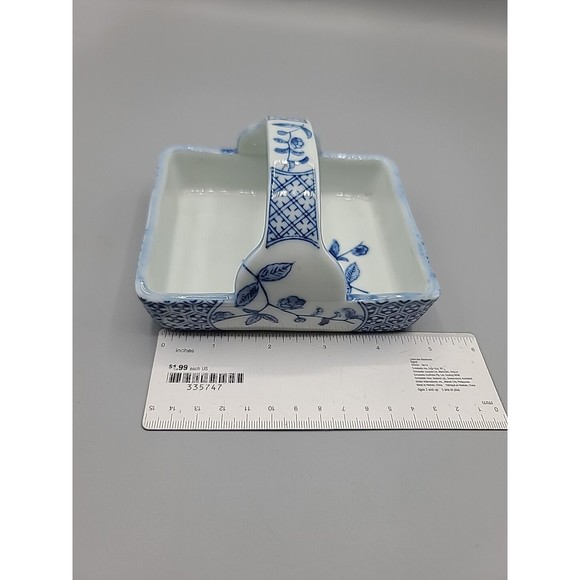 Fitz & Floyd Japan Square Trinket Basket Blue and White With Flowers Handle - Picture 13 of 13
